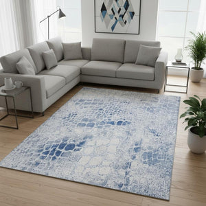 HomeRoots 10' X 14' Sky Blue & Ivory Abstract Geometric Area Rug - Washable, UV Protected, Durable Design! 677963