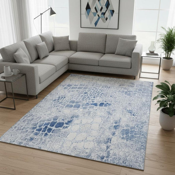 HomeRoots 10' X 14' Sky Blue & Ivory Abstract Geometric Area Rug - Washable, UV Protected, Durable Design! 677963