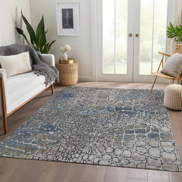 HomeRoots 5' X 8' Silver Gray & Beige Abstract Geometric Area Rug - Washable, UV Protected for Modern Homes 677965