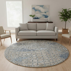 HomeRoots 8' Modern Silver Gray & Beige Geometric Washable Round Rug with UV Protection for Busy Homes 677966