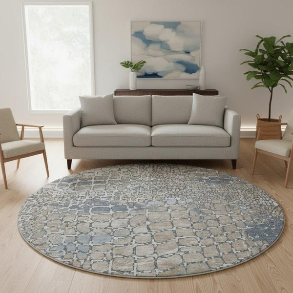 HomeRoots 8' Modern Silver Gray & Beige Geometric Washable Round Rug with UV Protection for Busy Homes 677966