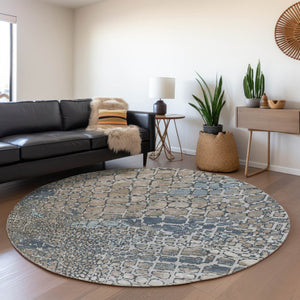 HomeRoots 8' Modern Silver Gray & Beige Geometric Washable Round Rug with UV Protection for Busy Homes 677966