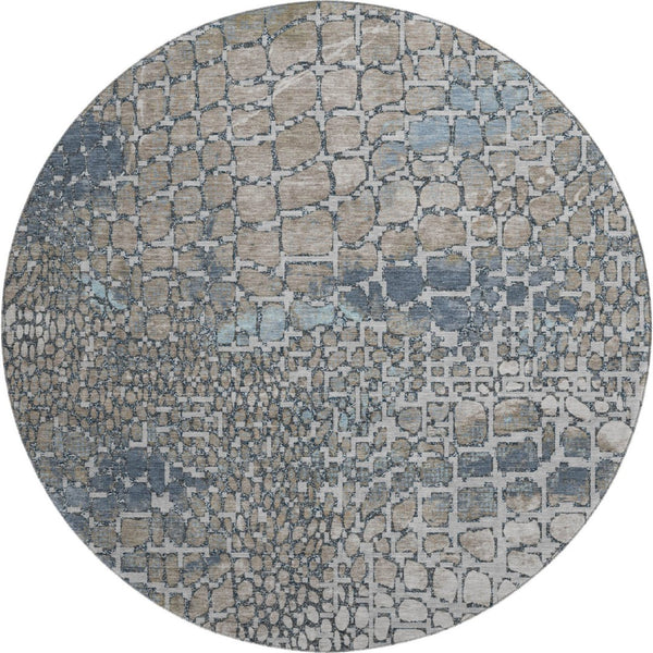 HomeRoots 8' Modern Silver Gray & Beige Geometric Washable Round Rug with UV Protection for Busy Homes 677966