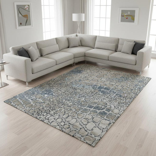 HomeRoots 10' Silver Gray & Beige Abstract Geometric Washable Area Rug with UV Protection for Modern Spaces 677969