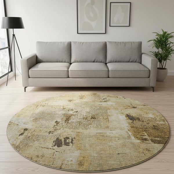 HomeRoots 8' Beige Abstract Washable Round Rug with UV Protection – Durable, Stylish, Ideal for High-Traffic Areas 677972