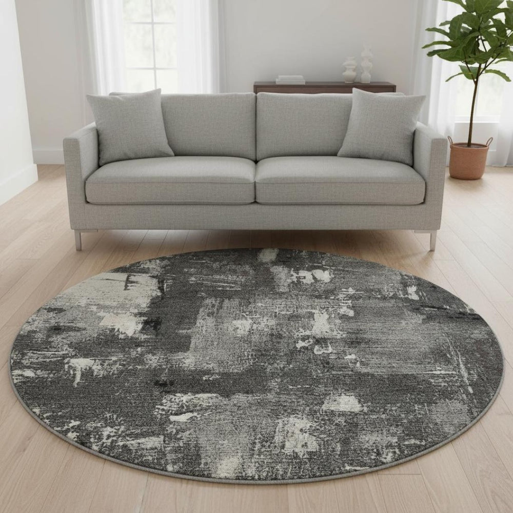 HomeRoots 8' Black and Ivory Abstract Washable Round Rug – Stylish, Durable, UV-Protected for Modern Homes 677978