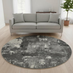 HomeRoots 8' Black and Ivory Abstract Washable Round Rug – Stylish, Durable, UV-Protected for Modern Homes 677978