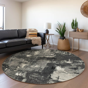 HomeRoots 8' Black and Ivory Abstract Washable Round Rug – Stylish, Durable, UV-Protected for Modern Homes 677978