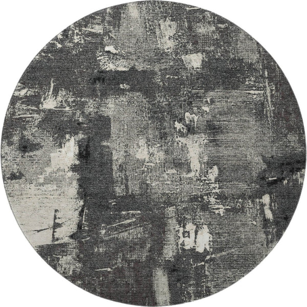 HomeRoots 8' Black and Ivory Abstract Washable Round Rug – Stylish, Durable, UV-Protected for Modern Homes 677978