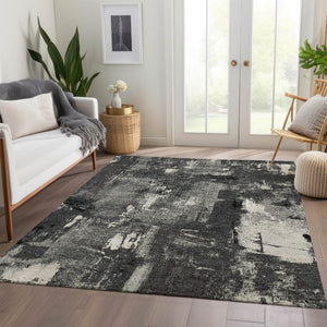 HomeRoots 9' X 12' Black And Ivory Abstract Area Rug – Washable, UV Protected, Perfect for High-Traffic Spaces! 677980
