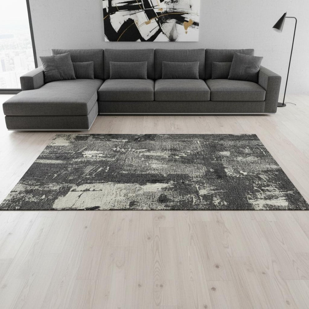 HomeRoots 10' X 14' Black And Ivory Abstract Area Rug – Durable, Washable, UV Protected, Perfect for Families! 677981