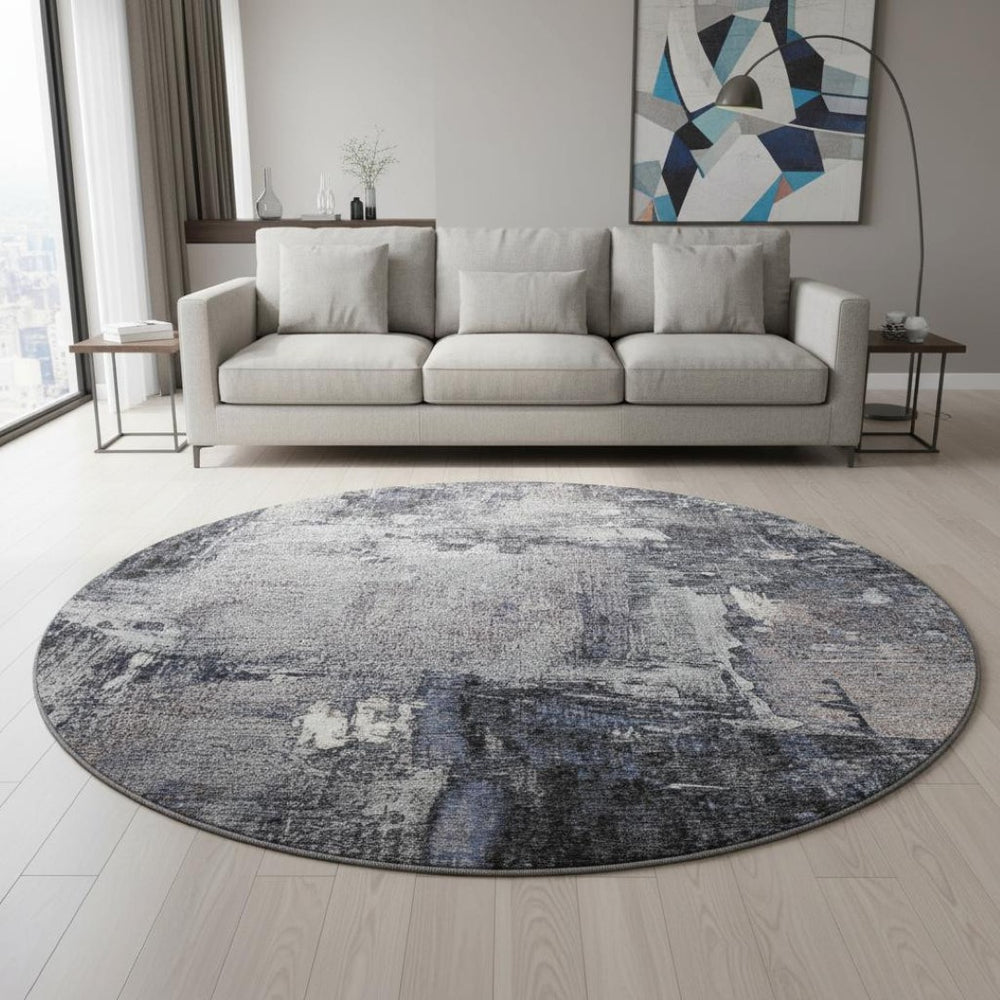 HomeRoots 8' Charcoal and Silver Abstract Washable Round Rug - Durable, Stylish, UV-Protected for Any Space 677984