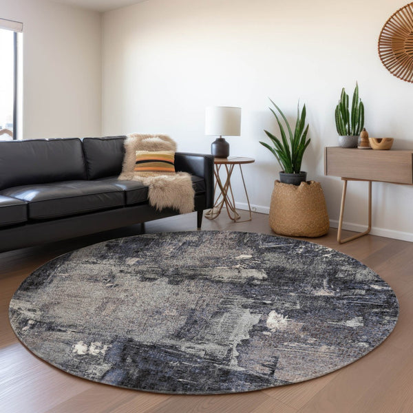HomeRoots 8' Charcoal and Silver Abstract Washable Round Rug - Durable, Stylish, UV-Protected for Any Space 677984