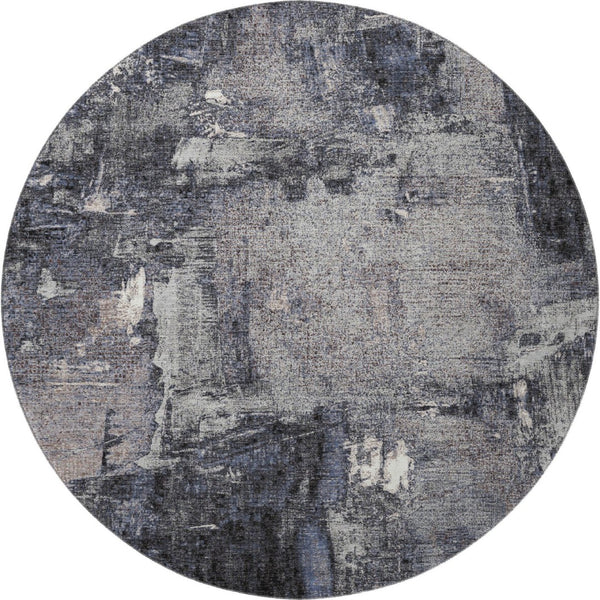 HomeRoots 8' Charcoal and Silver Abstract Washable Round Rug - Durable, Stylish, UV-Protected for Any Space 677984