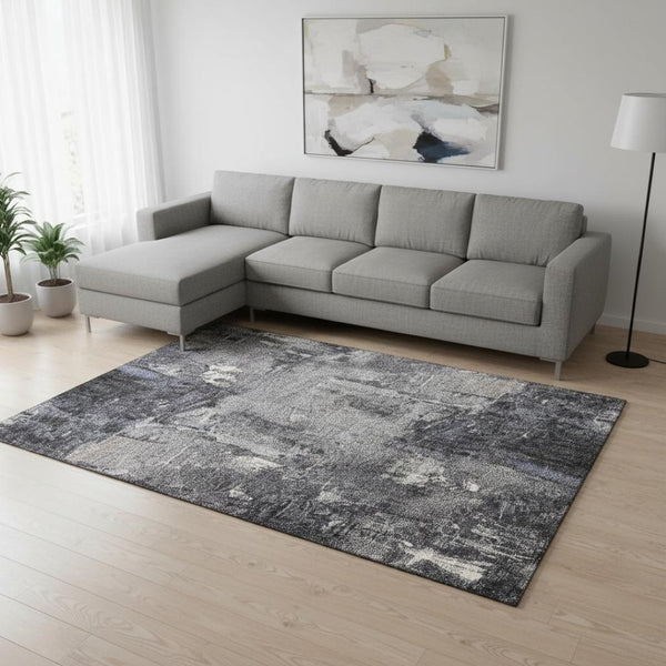 HomeRoots 9' X 12' Charcoal and Silver Abstract Area Rug - Washable, UV Protected, Durable & Stylish Design 677986