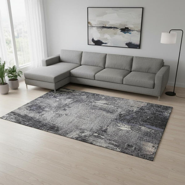 HomeRoots 10' X 14' Charcoal & Silver Abstract Area Rug - Washable, UV Protected, Durable for Busy Homes 677987