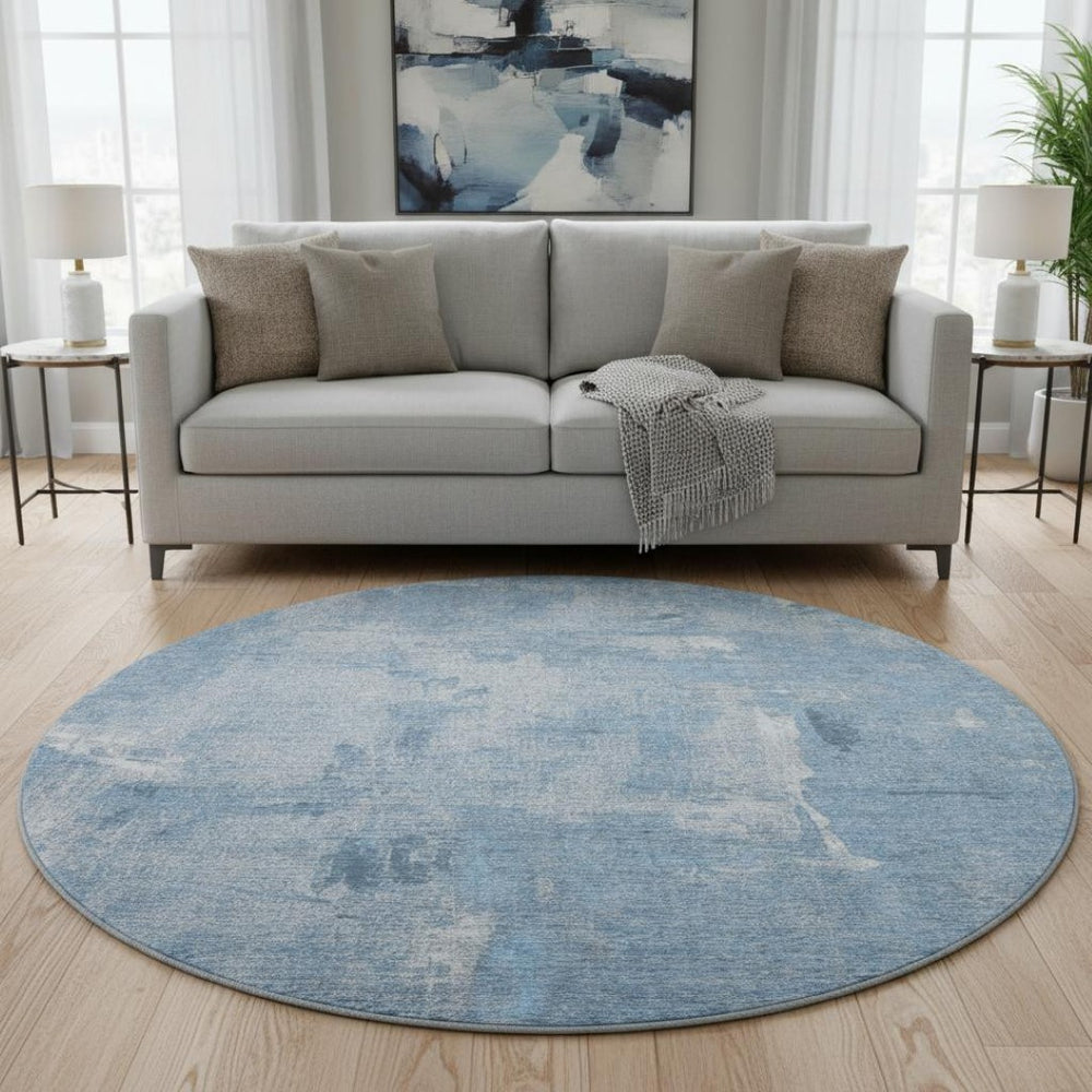 HomeRoots 8' Denim Blue & Ivory Abstract Washable Round Rug – UV Protected, Stain-Resistant, Durable Style! 677990