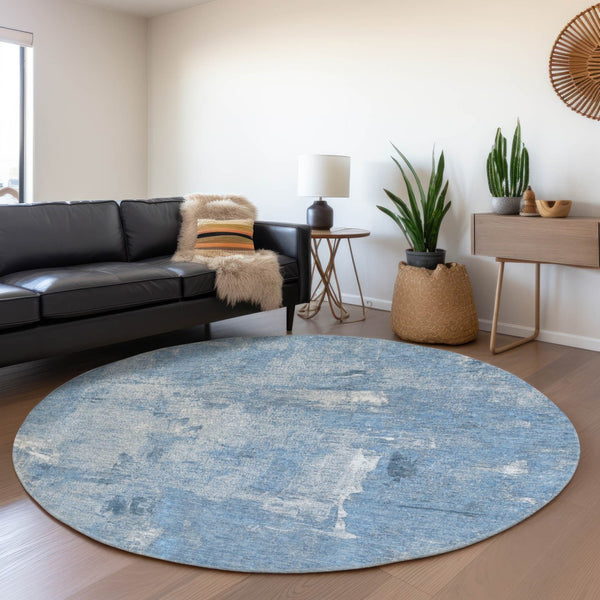 HomeRoots 8' Denim Blue & Ivory Abstract Washable Round Rug – UV Protected, Stain-Resistant, Durable Style! 677990