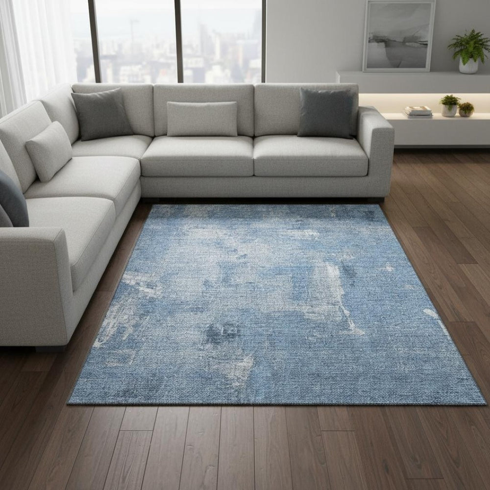 HomeRoots 8' X 10' Denim Blue & Ivory Abstract Area Rug - Washable, UV Protected, Ideal for High-Traffic Spaces 677991