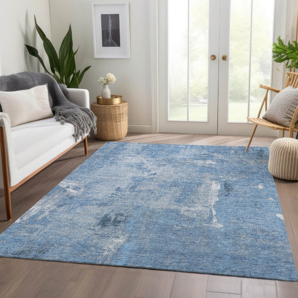 HomeRoots 9' X 12' Denim Blue & Ivory Abstract Washable Area Rug - Durable, Stain Resistant, UV Protected! 677992