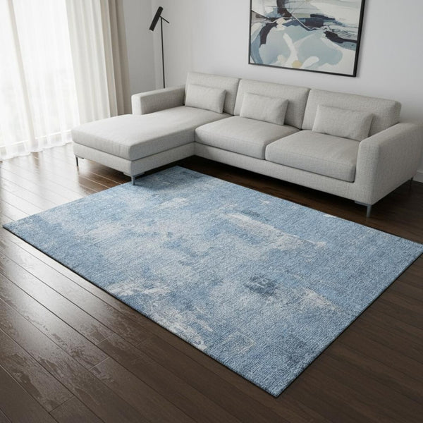 HomeRoots 10' Denim Blue & Ivory Abstract Area Rug - Durable, Washable, UV Protected for Modern Spaces 677993