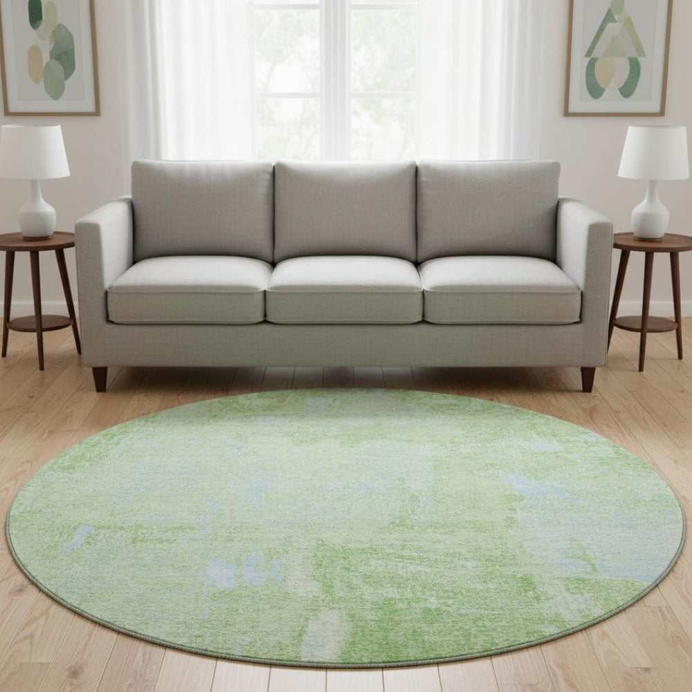 HomeRoots 8' Green and Sky Blue Abstract Washable Round Rug – Stylish, Durable, UV-Protected for All Spaces 677996