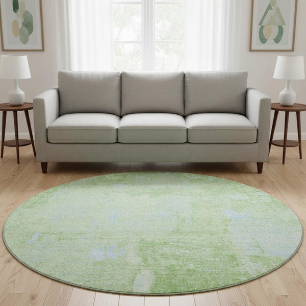 HomeRoots 8' Green and Sky Blue Abstract Washable Round Rug – Stylish, Durable, UV-Protected for All Spaces 677996