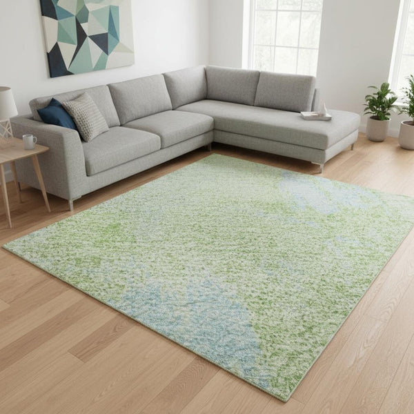 HomeRoots 8' X 10' Abstract Washable Area Rug in Green & Sky Blue - Durable, Stain Resistant with UV Protection 677997