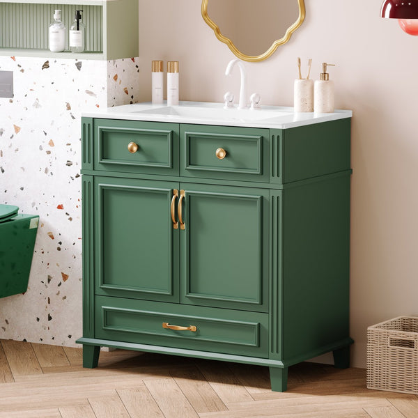 English Elm 30'' Bathroom Vanity with Sink - Retro Solid Wood Frame, Ceramic Basin, Soft-Close Doors & Ample Storage Green N710P190656F