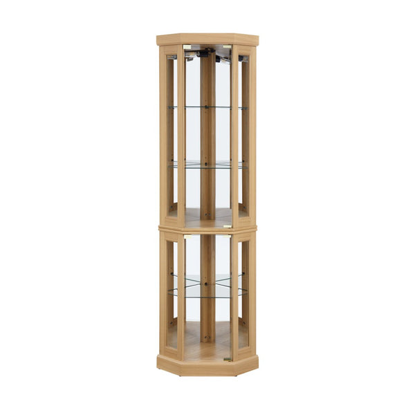 English Elm Corner Curio Cabinet Lighted Glass Display Case with Mirrored Back for Living Room Light Oak W2275P194430