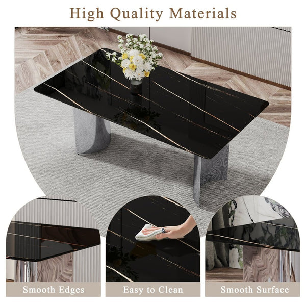 English Elm Table Set With 8 Modern White Pu Chairs - Sleek Imitation Marble Top & Durable Stainless Steel Legs W1151S04189-GIGA