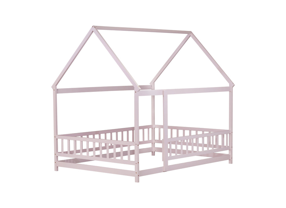 English Elm Full Size House Floor Bed With Roof Frame & Guardrails - Cozy Pink Wooden Design For Kids W504P286410