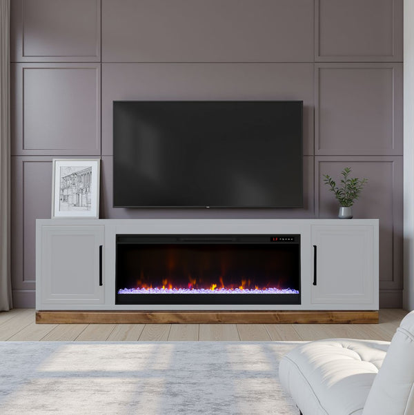 English Elm Nora 81 Inch Fireplace TV Stand with 42" Electric Insert, Two-Tone Alder & Poplar Craftsmanship White B108P345196