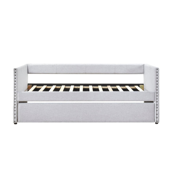 English Elm Modern Upholstered Daybed with Pull Out Trundle Nailhead Trim and Side Storage Pockets Light Gray B011P419504