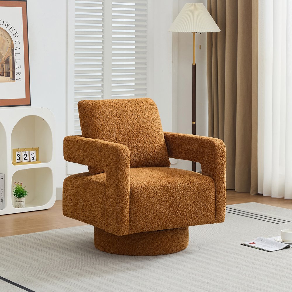 English Elm 29.13" Swivel Accent Chair — Modern Bouclé Rotating Lounge Chair with Removable Cushion, Solid Wood Frame, Cozy Design Caramel W1852P211990