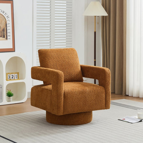 English Elm 29.13" Swivel Accent Chair — Modern Bouclé Rotating Lounge Chair with Removable Cushion, Solid Wood Frame, Cozy Design Caramel W1852P211990