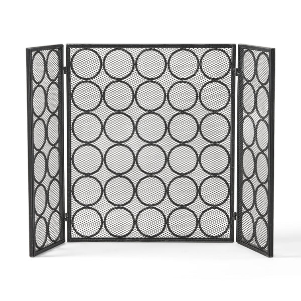 English Elm Christopher Knight Home® - FIRE Three-Panel Iron Firescreen Black Silver — Foldable Mesh Spark Guard with Chic Circular Pattern, 30" H 65179.00BLKSILV