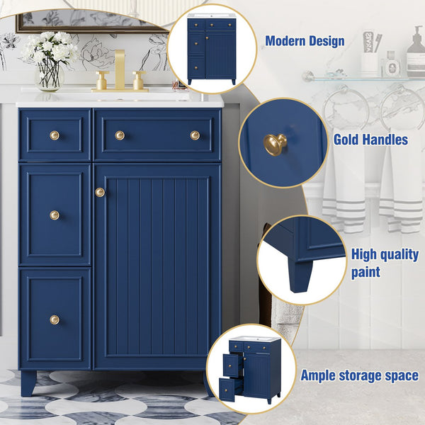 English Elm 24-Inch Bathroom Vanity Cabinet with Ceramic Sink, Space-Saving Storage, Solid Wood Feet, Durable Finish Blue WF532034AAC