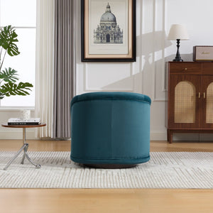 English Elm Swivel Barrel Chair Pumpkin Sculptural Velvet Upholstered with Walnut Wood Round Base Teal W3244P427742