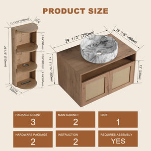 English Elm 30" Floating Bathroom Vanity Oak Finish Ceramic Vessel Sink Soft Close Plywood Cabinet W999S00503
