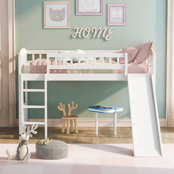 English Elm Twin Loft Bed with Built in Slide Ladder Pine Wood Frame Kids Bedroom White N708P242135K