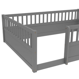 English Elm Full Montessori Floor Bed Frame with Fence for Kids — Pine Play & Reading Space, Sturdy Low Profile Gray W1580P307886
