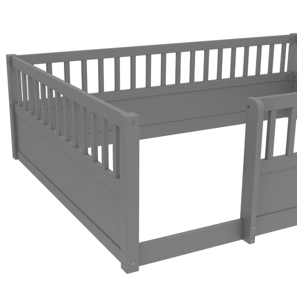 English Elm Full Montessori Floor Bed Frame with Fence for Kids — Pine Play & Reading Space, Sturdy Low Profile Gray W1580P307886