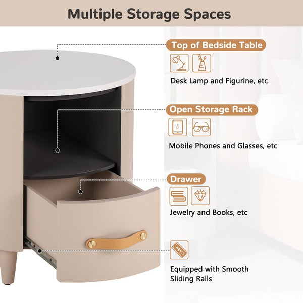 English Elm Christopher Knight Home® - Contemporary Round Nightstand with Drawer & Open Shelf, Curved Bedside Table with Leather Handles khaki 22 L x 22 W x 19.75 H N761P285708M