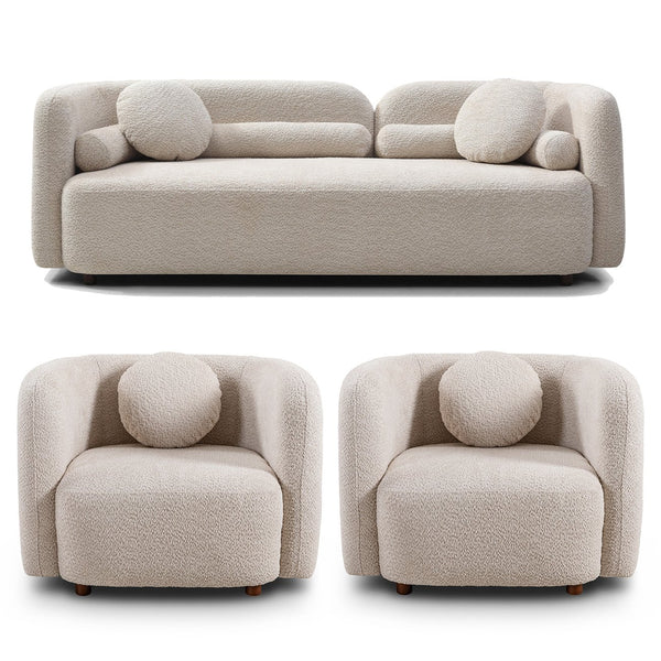English Elm (Upgrades) Modern 3-Seat Sofa & 2 Chairs Set In Luxurious Light Beige Boucle For Stylish Comfort W2664S00055
