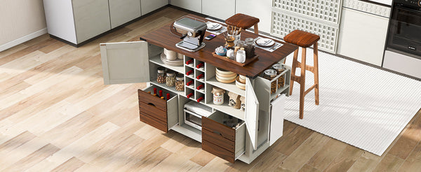 English Elm K&K 54" Farmhouse Kitchen Island Cart with Drop Leaf, Wine Rack, Power Outlet and Rolling Storage White N707P349814W