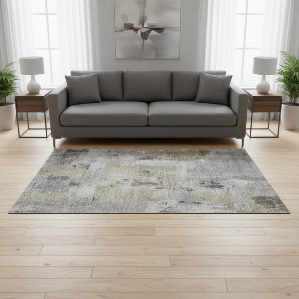 HomeRoots 5' X 8' Gray Brown Ivory Abstract Washable Area Rug - UV Protection, Stain Resistant, Modern Style 678001