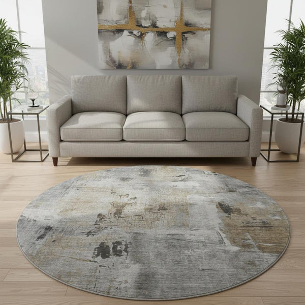 HomeRoots 8' Gray Brown and Ivory Abstract Round Rug - Washable, UV Protected, Durable for High-Traffic Areas 678002