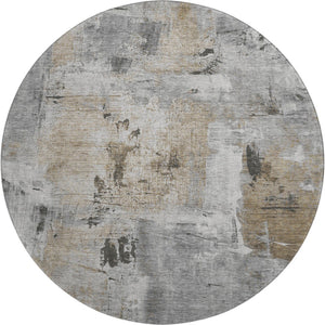 HomeRoots 8' Gray Brown and Ivory Abstract Round Rug - Washable, UV Protected, Durable for High-Traffic Areas 678002