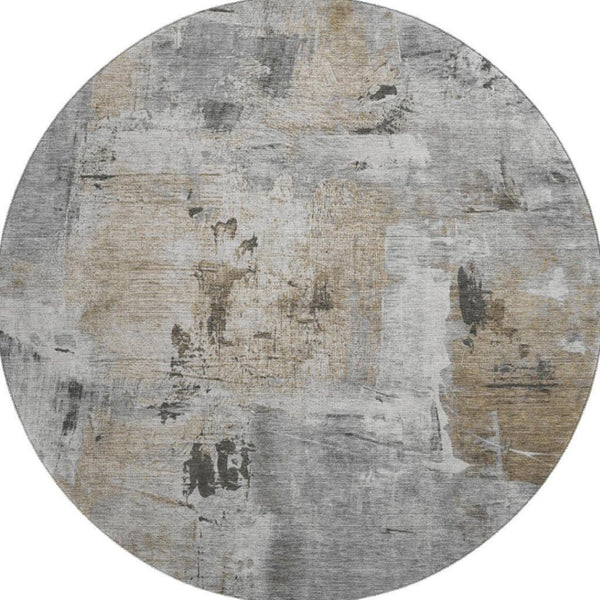 HomeRoots 8' Gray Brown and Ivory Abstract Round Rug - Washable, UV Protected, Durable for High-Traffic Areas 678002